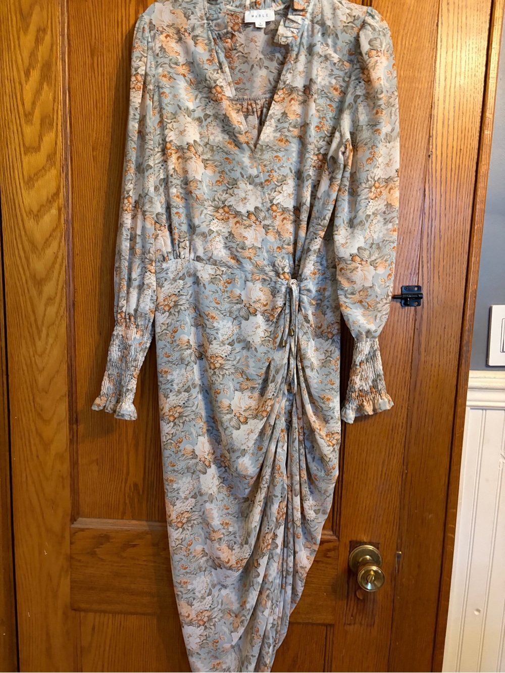 Floral Wrap Midi Dress in Light Blue and Beige